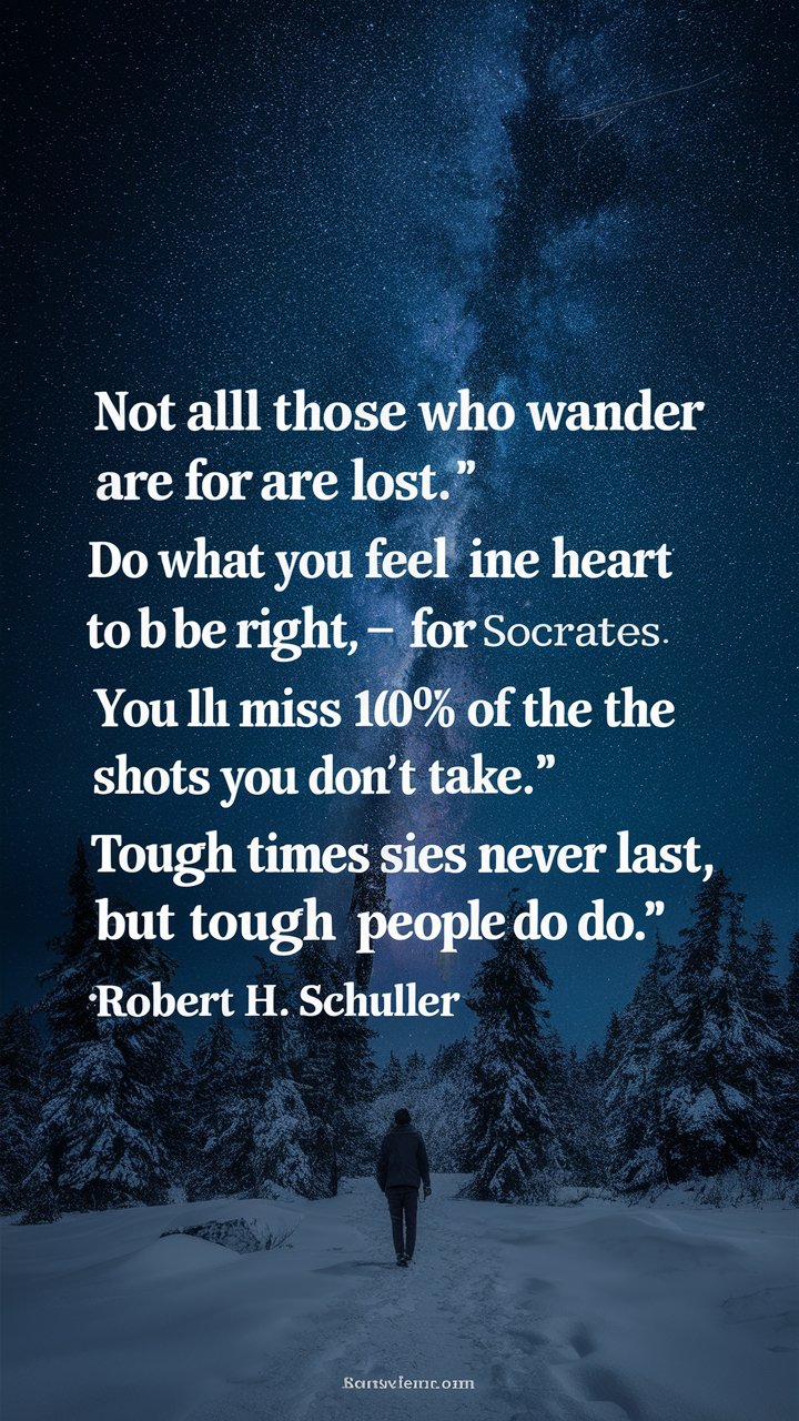 Timeless Words
"Not all those who wander are lost." – J.R.R. Tolkien
"Do what you feel in your heart to be right – for you’ll be criticized anyway." – Eleanor Roosevelt
"An unexamined life is not worth living." – Socrates
"You miss 100% of the shots you don’t take." – Wayne Gretzky
"Tough times never last, but tough people do." – Robert H. Schuller