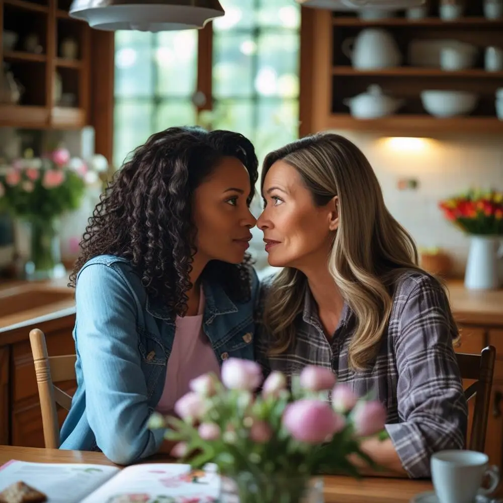 A mother and daughter sitting together and discussing