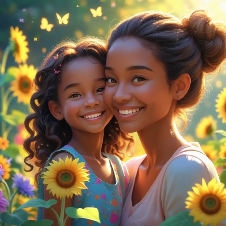 A warm and uplifting image of a mother and daughter sharing a joyful moment in a sunlit garden, perfect for the theme of the mother-daughter relationship.