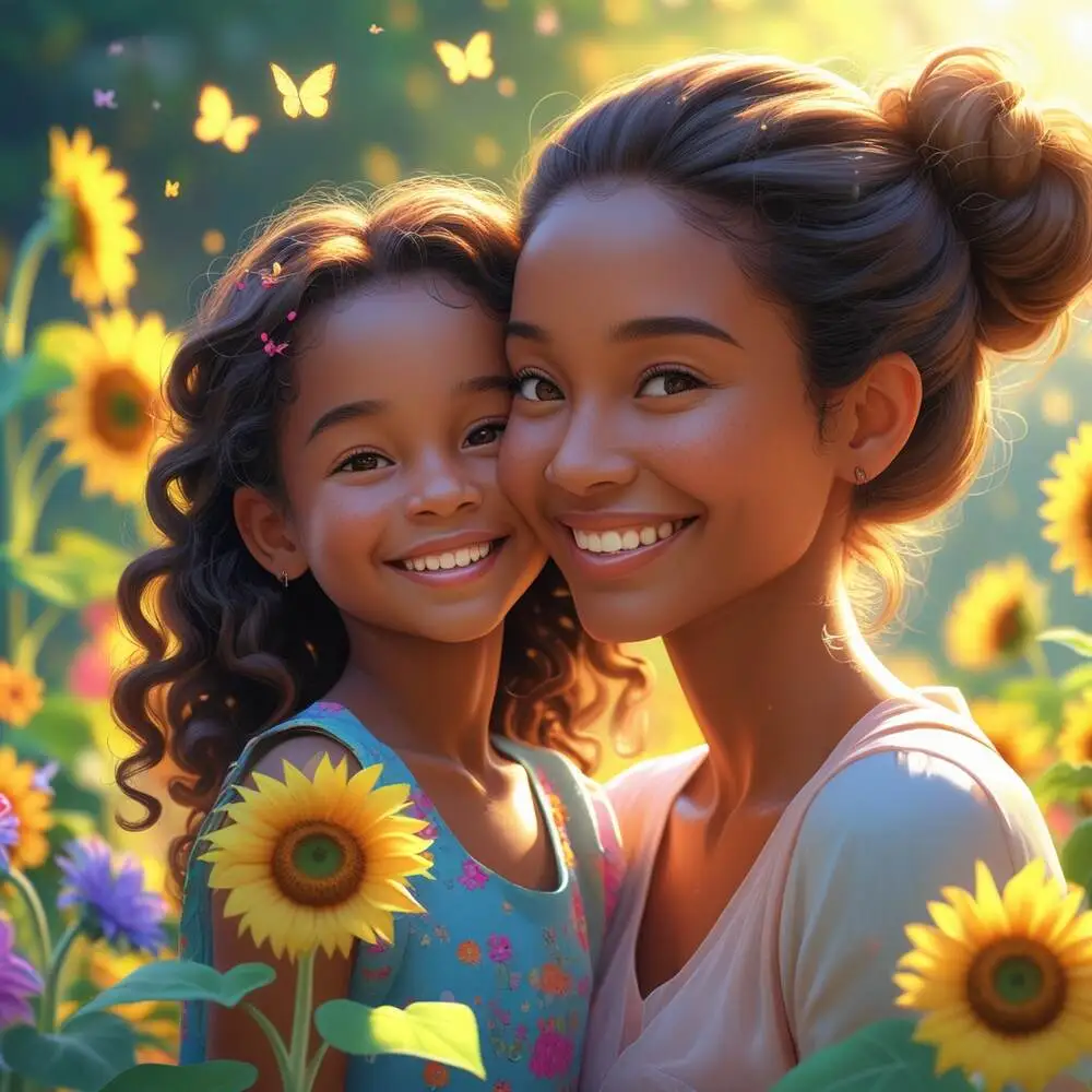 A warm and uplifting image of a mother and daughter sharing a joyful moment in a sunlit garden, perfect for the theme of the mother-daughter relationship.